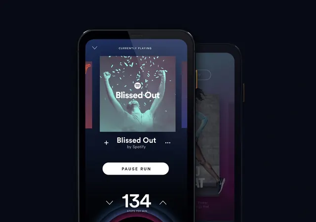 Music player app UI mockup on dark background, technical, minimal, dark