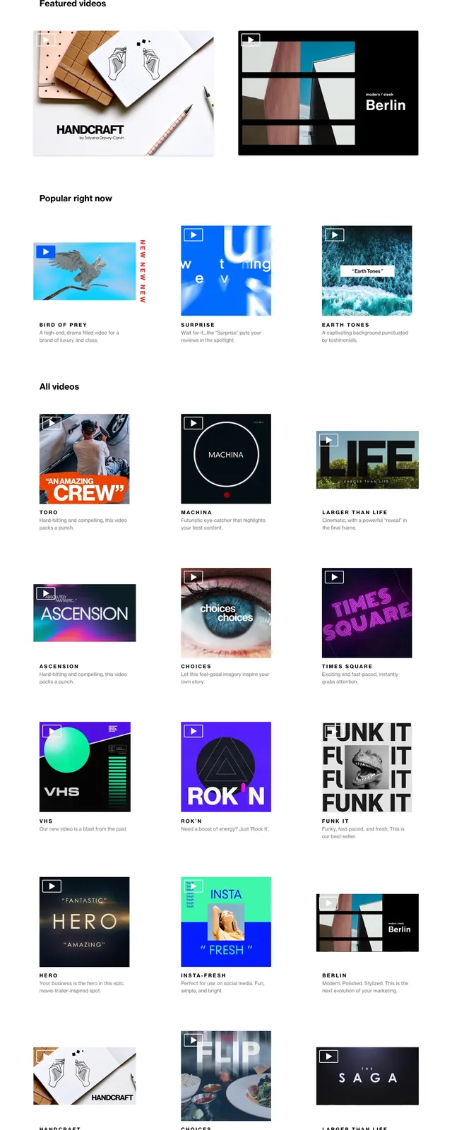 Dark and colorful video gallery website interface, gradient-heavy, dark-mode, dark