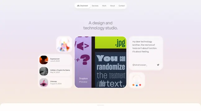 Design studio portfolio with colorful card grid, minimal, playful, light
