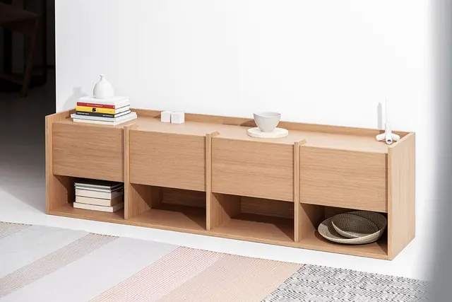 Light wood storage cabinet product shot, organic, photographic, light