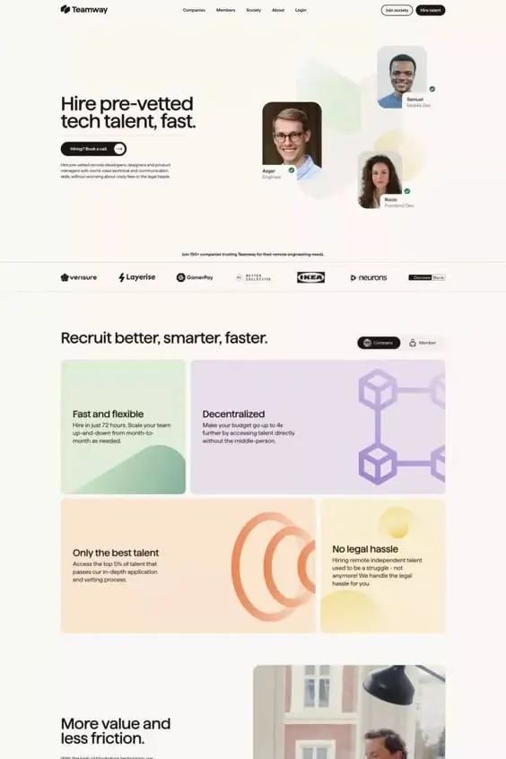 Teamway recruitment platform hero and features, minimal, corporate-clean, light