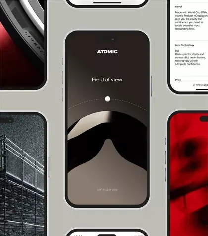 Atomic app product screen mockup with red accents, minimal, geometric, dark