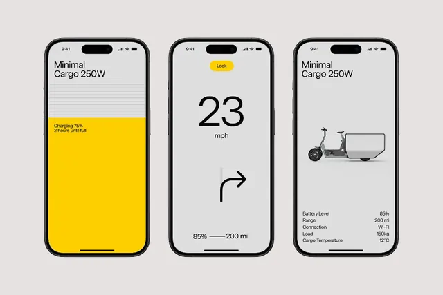 Electric vehicle cargo app: status and telemetry, minimal, technical, dark