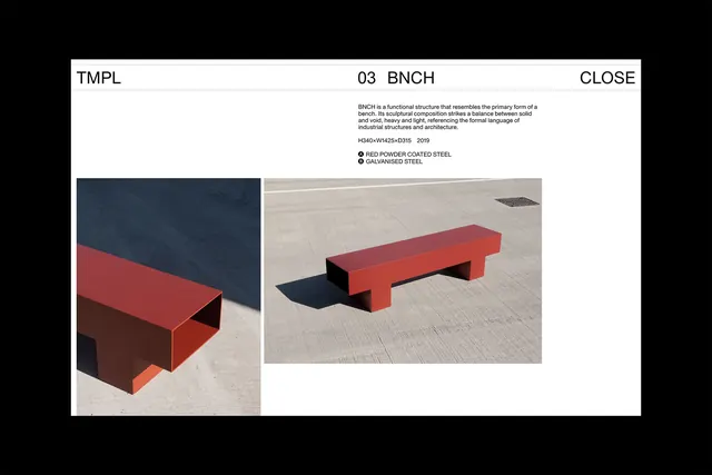 Industrial product showcase: red bench design system, minimal, geometric, high-contrast