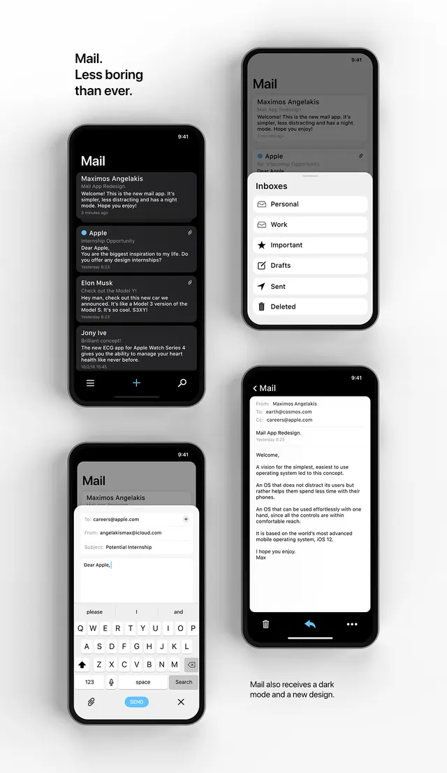 Mail app: light and dark mode mockups, minimal, flat, light