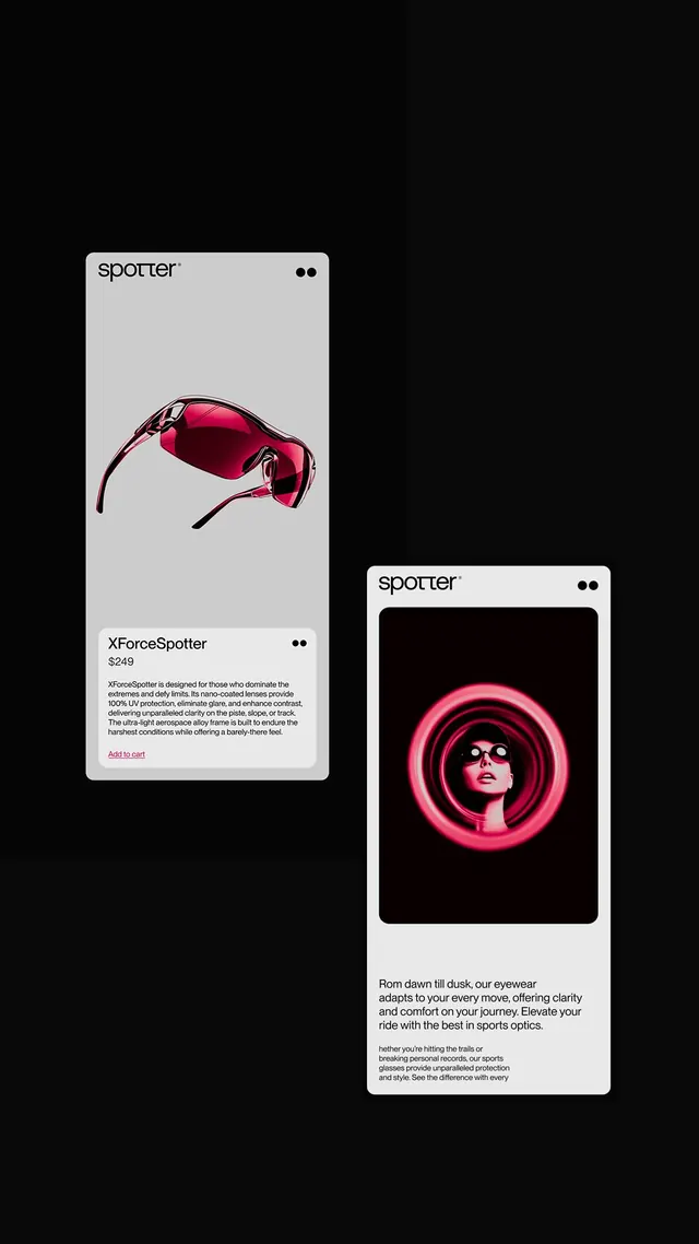 High-end sports eyewear product detail with lifestyle imagery, minimal, photographic, dark