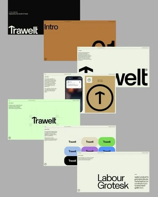 Travelт design system mockup collage, minimal, corporate-clean, earthy
