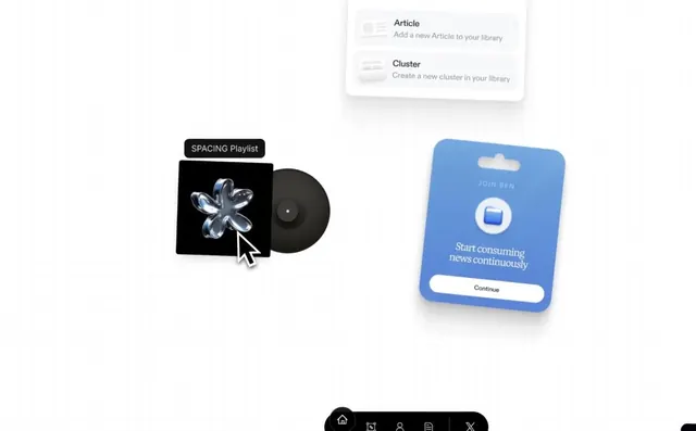 Content curation app with card menu and 3D mockups, minimal, flat, light