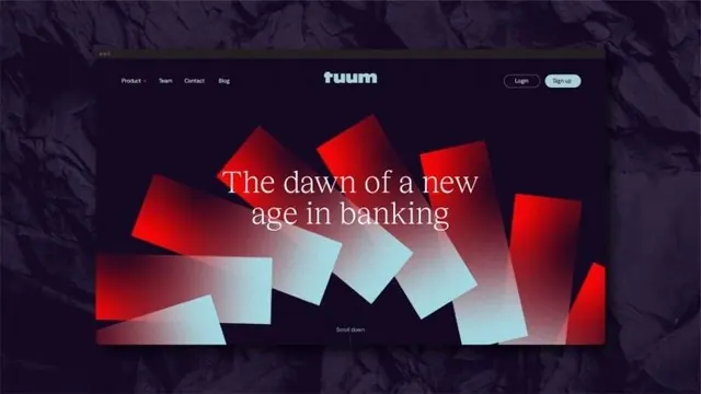 Tuum fintech hero with overlapping gradient planes, dark-mode, geometric, dark