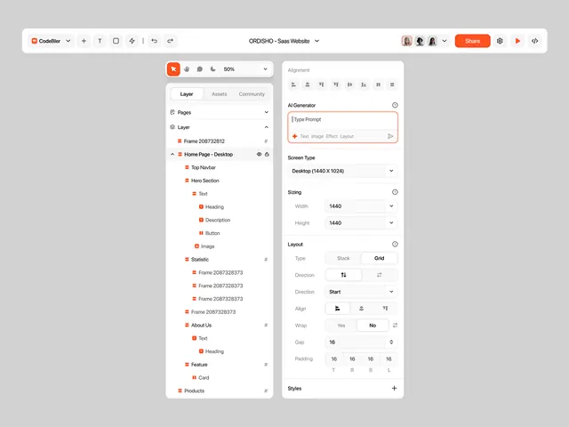 Component builder panel with layer tree and design properties, dark-mode, minimal, light