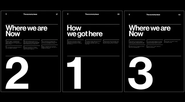 Editorial three-panel layout with numbered sequence, minimal, editorial, dark