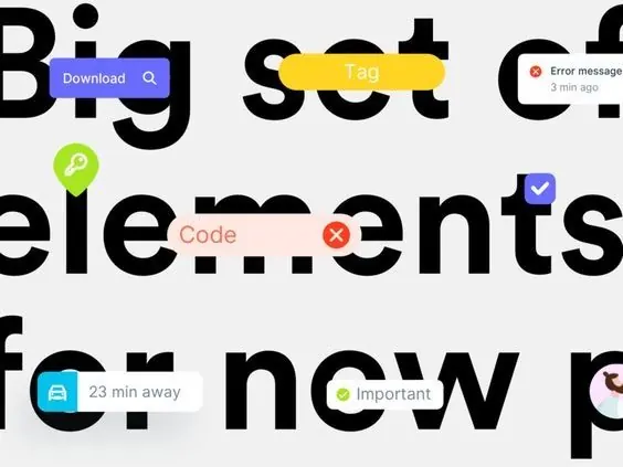 Bold typography UI with inline badges, minimal, flat, dark
