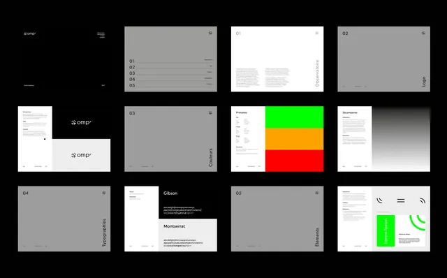 Brand style guide system spread: Ompr, flat, corporate-clean, light