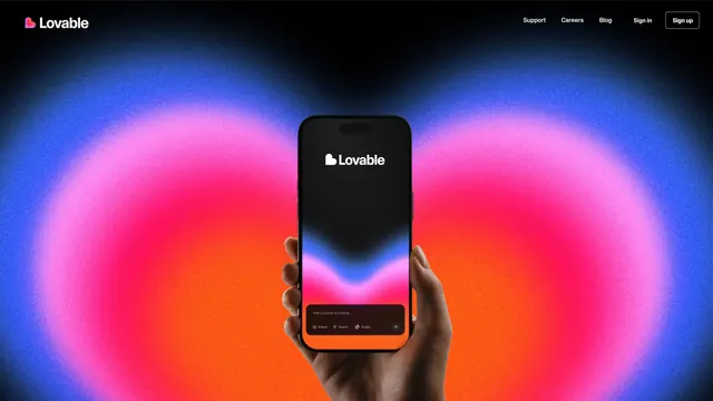 Lovable brand radial gradient product hero, gradient-heavy, minimal, warm