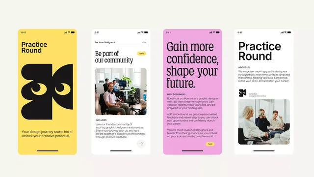 Practice Round app card carousel with color blocks, minimal, flat, light