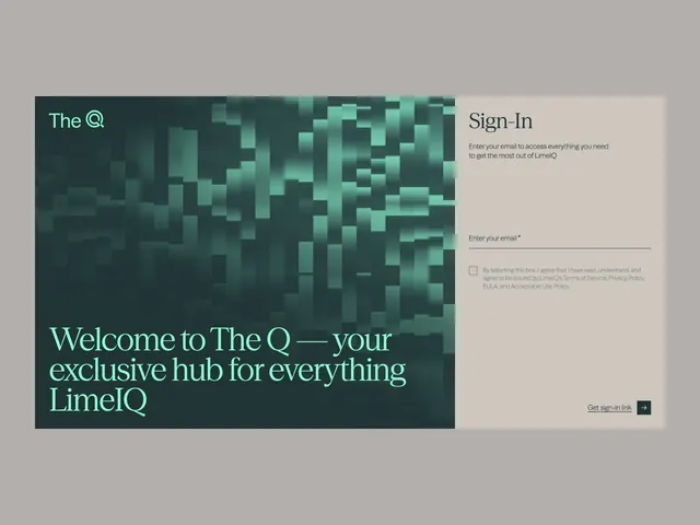 LimeIQ split-panel sign-in with abstract textured left, dark-mode, minimal, dark