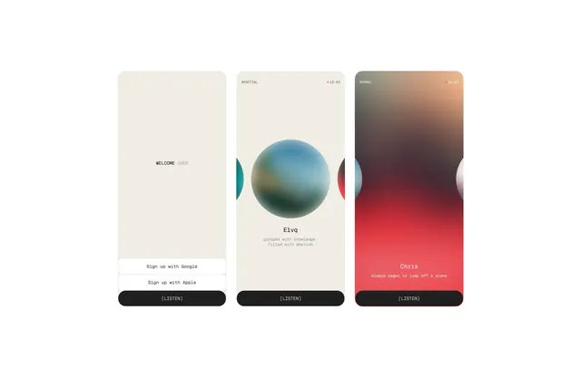 App screens with gradient orbs and minimal UI, minimal, modern, light