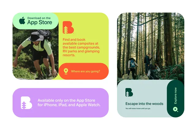 Outdoor booking app with color-blocked cards, minimal, playful, vibrant