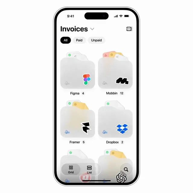 Invoice management mobile app interface, minimal, flat, light