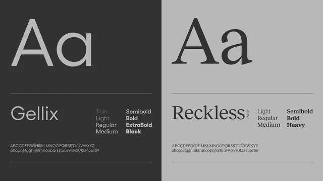 Gellix and Reckless typeface specimen, minimal, editorial, dark