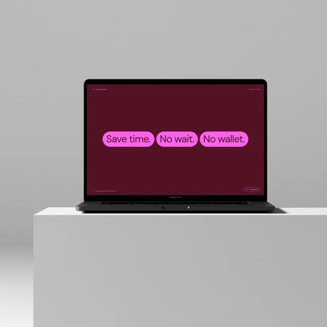 Bright magenta benefit callouts on deep background, minimal, playful, dark
