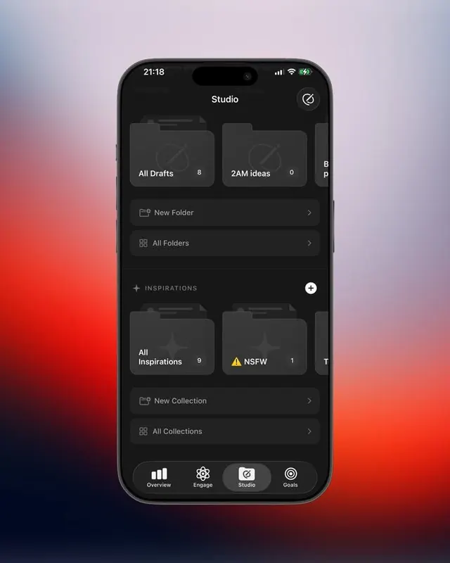 Dark mobile app folder hierarchy with gradient backdrop, dark-mode, minimal, dark
