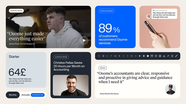 Multi-card layout with video, metric, and narrative, minimal, corporate-clean, light