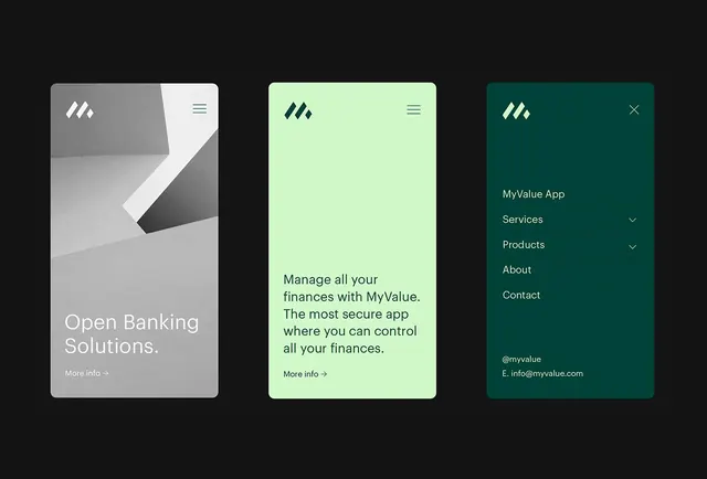 MyValue fintech mobile app UI system, minimal, corporate-clean, dark