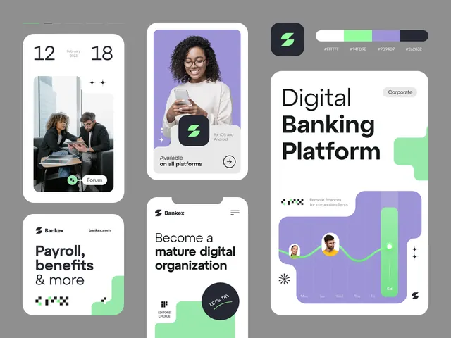 Fintech app UI: lime accent with photography and data visualization, minimal, corporate-clean, light