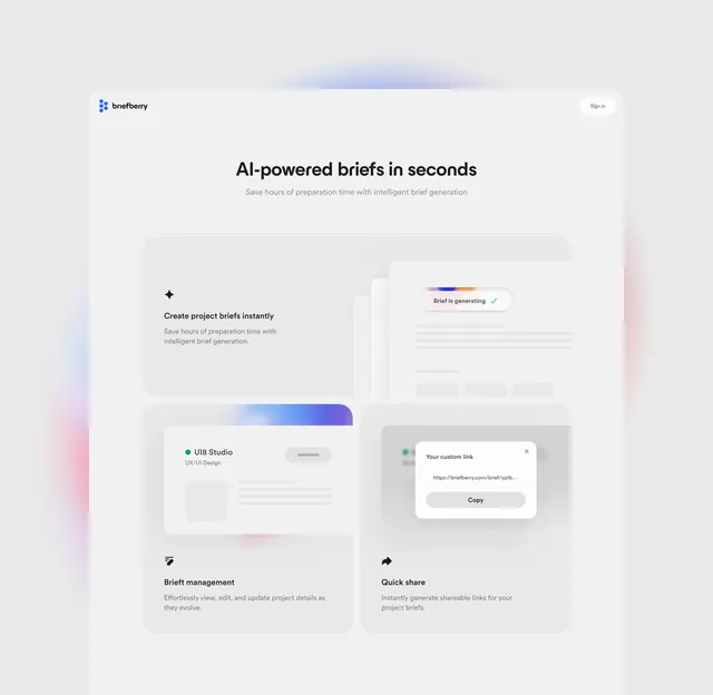 Briefberry SaaS feature cards with gradient accent, minimal, gradient-heavy, light