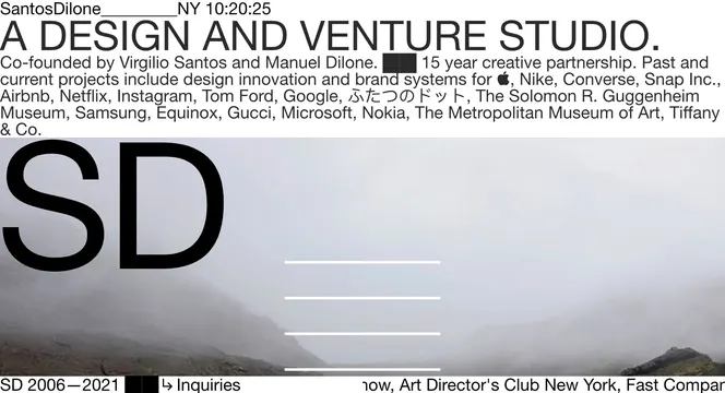 SantosDilone design studio website header, minimal, swiss, light