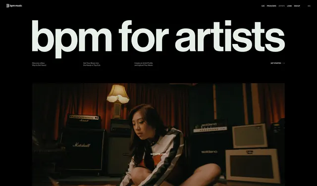 BPM For Artists website hero section, dark-mode, photographic, dark