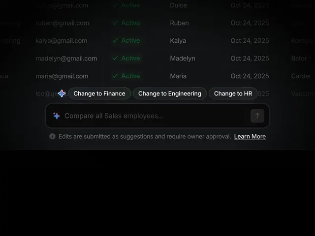 Dark employee table with department filters and AI comparison, minimal, corporate-clean, dark