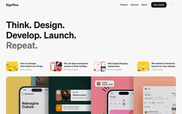 Design agency homepage with bold sans-serif hero, minimal, flat, light