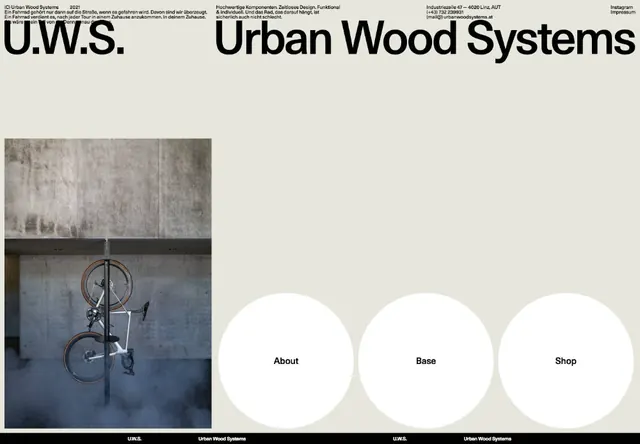 U.W.S. Urban Wood Systems website header, minimal, brutalist, light