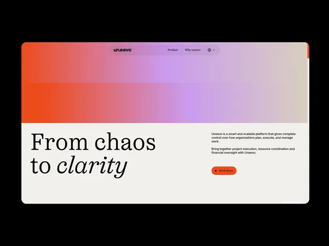 Uneevo project management SaaS hero with red-to-purple gradient header, minimal, gradient-heavy, warm