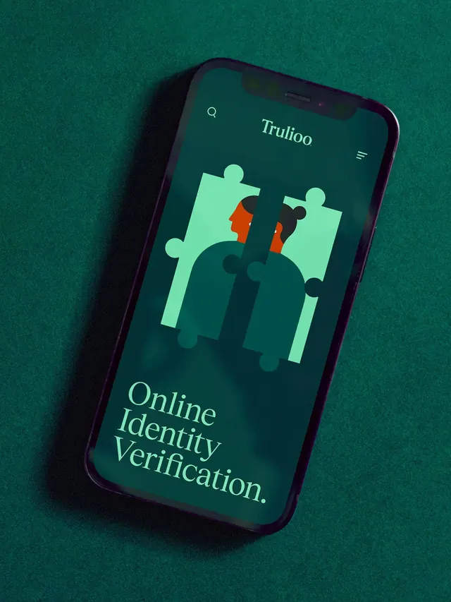 Trulioo identity verification mobile app screen, corporate-clean, minimal, cool