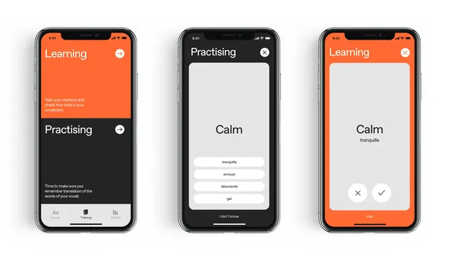 Language learning app with tab-driven flow, minimal, flat, dark