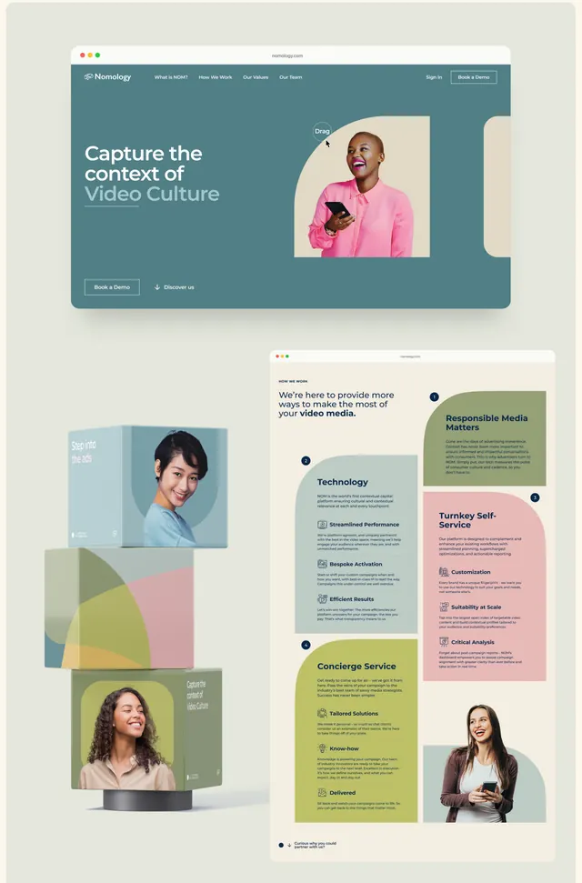 SaaS landing page with pastel cards and person imagery, minimal, corporate-clean, light