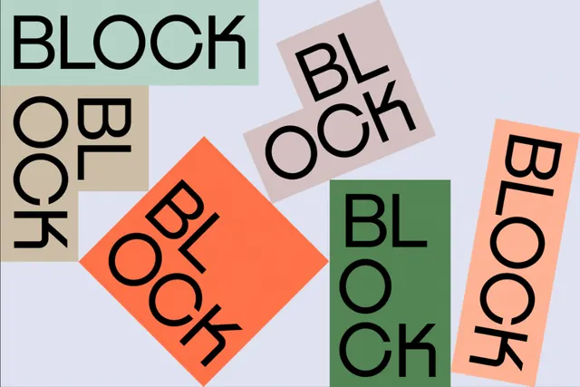 BLOCK rotated typographic collage, geometric, minimal, light