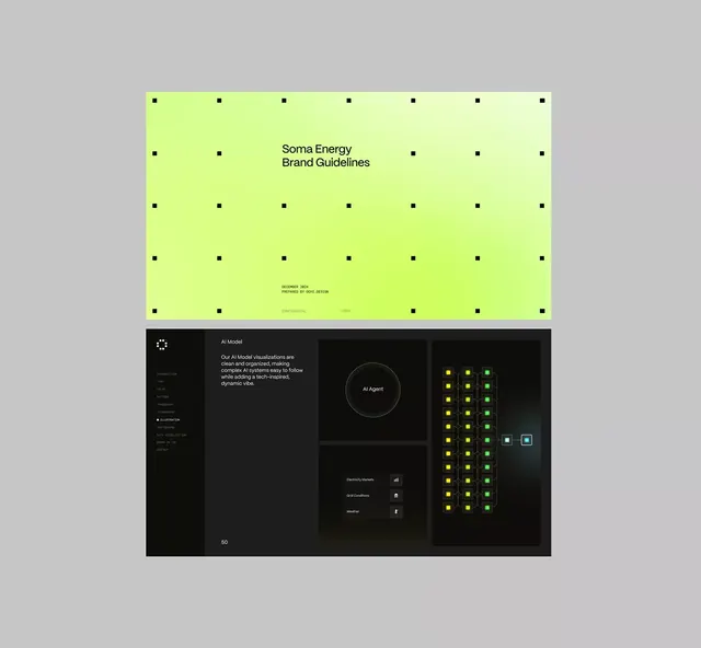 Soma Energy brand guidelines mockup spread, minimal, corporate-clean, dark