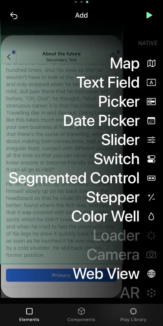 Dark-mode developer UI component picker list, dark-mode, minimal, dark