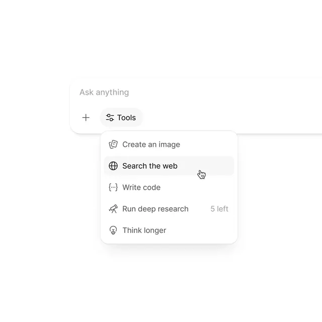 AI assistant tools menu interface, minimal, light