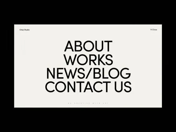Navigation menu with centered typography, minimal, swiss, light
