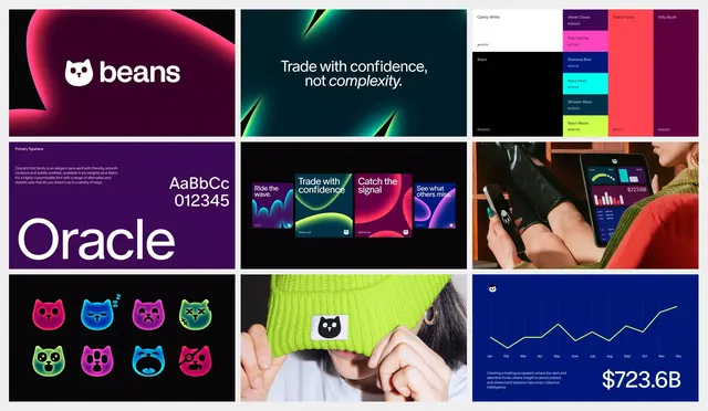 Neon gradient fintech and SaaS UI grid, minimal, gradient-heavy, dark