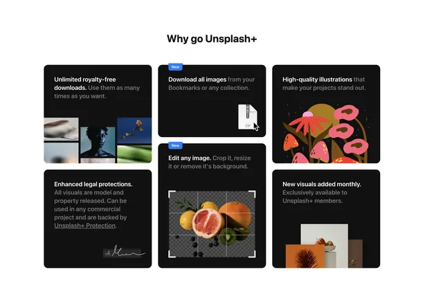Dark feature cards with product benefits, minimal, corporate-clean, dark