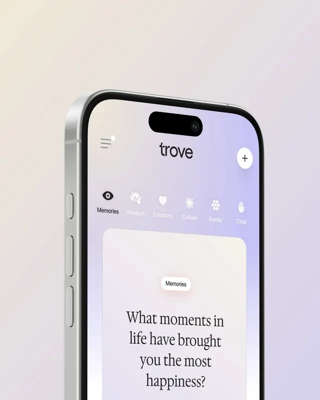 Trove app onboarding screen, minimal, light-mode, light