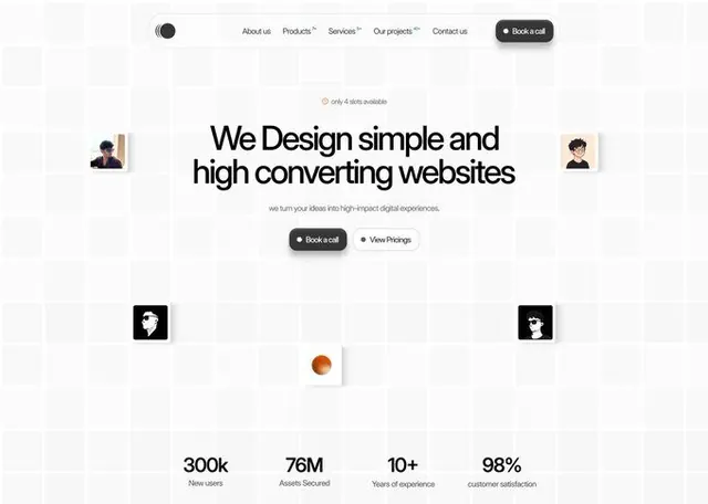 Agency hero with centered headline and stat callouts, minimal, corporate-clean, light
