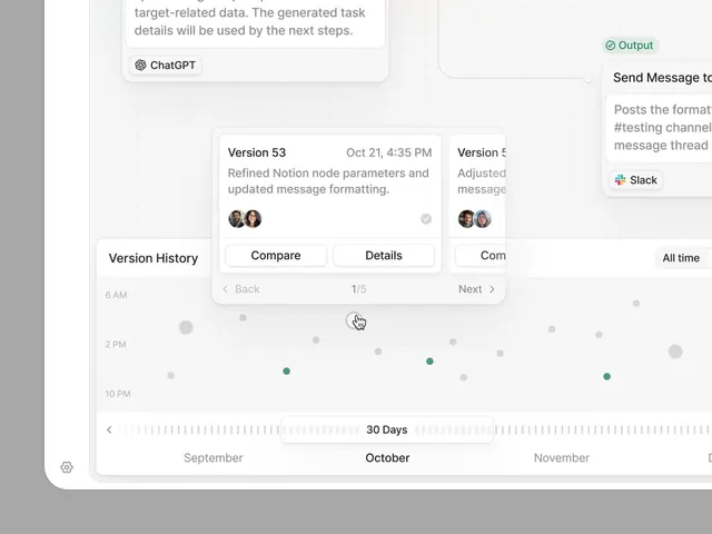 Version history UI with timeline and detail cards, minimal, data-dense, light