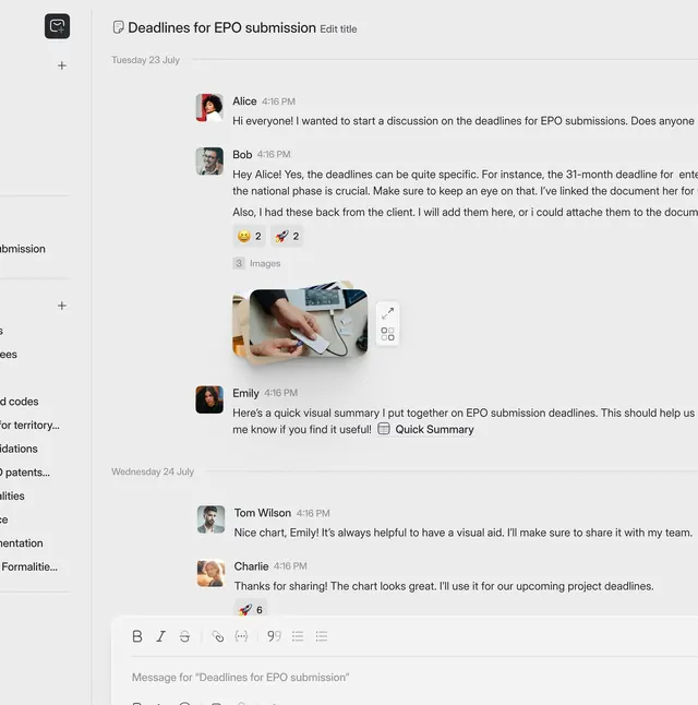Collaborative thread chat interface, minimal, corporate-clean, light